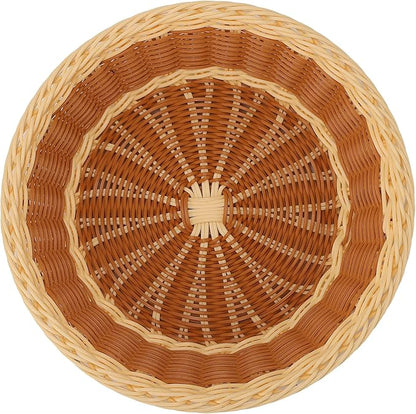 4 Pack Woven Bread Baskets, 11.5 Inch Round Imitation Rattan Basket Wicker Fruit Baskets, Woven Food Serving Basket for Family Party Kitchen Restaurant Outdoor, Brown & Beige