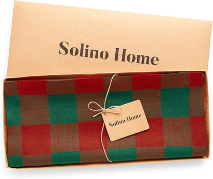 Solino Home Linen Checkered Table Runner 108 Inches Long - 100% Pure Linen Red and Green Buffalo Check Table Runner 14 x 108 Inch Ideal for Dining, Winter