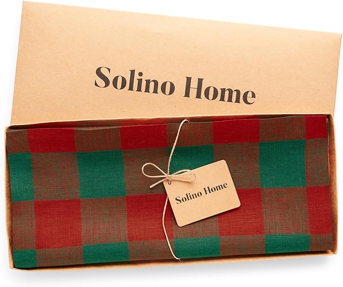 Solino Home Linen Checkered Table Runner 144 Inches Long - 100% Pure Linen Buffalo Check Red and Green Table Runner 14 x 144 Inch Ideal for Dining, Winter