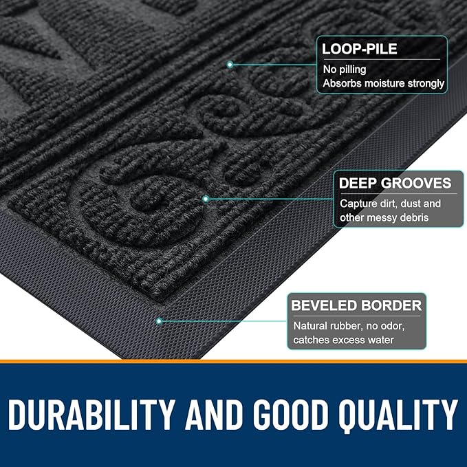 OLANLY Welcome Door Mat Indoor Outdoor Entrance, Heavy Duty Sturdy Front Door Mat, Waterproof All-Weather Doormat, Stain Resistant, Low Profile, Easy Clean Patio Entryway Mat, 59 x 35, Black