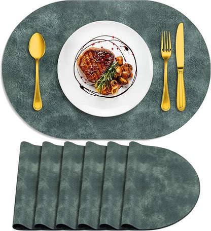 ADRIMER Placemats, Heat Resistant Oval Placemats Set of 6 Washable 12 x 17 Inch, Waterproof Table Mats, Wipeable Pu Place Mats for Kitchen, Dining Room, Blue & Green
