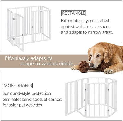 Vantas Folding No-Assembly Metal Pet Gate 120" Wide, 24" Extra Tall Dog Gate with Door Walk Through, Freestanding Accordion Puppy Gate Dog Door for Indoor & Outdoor, with 2PCS Support - White