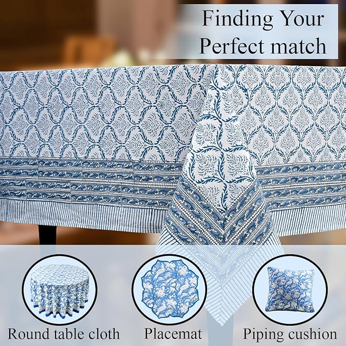 CPC Indigo Regal Tablecloth 100% Cotton 70x118 Inch Indian Block Print Rectangle Table Cover, Table Cloth for Gifting in Weddings, Halloween, Fall, Christmas, Thanksgiving