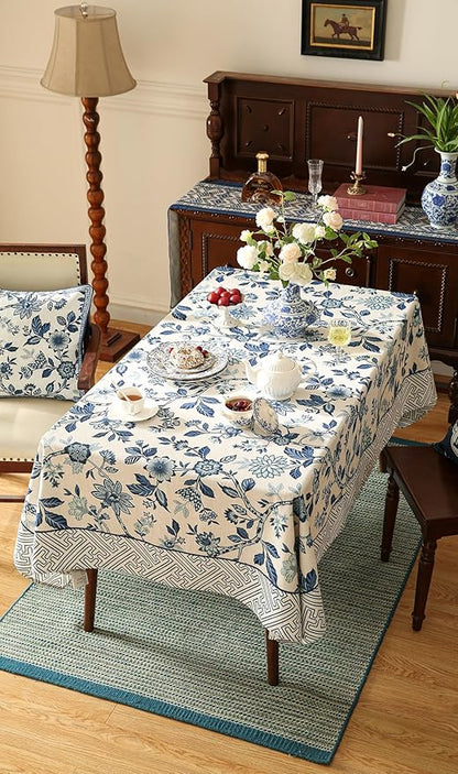 Vintage Blue and White Rectangle Tablecloth,French Linen Floral Wrinkle Free Tablecloths,Decorative Table Cover for Kitchen,Dining,Party,Thanksgiving,Christmas,63"*87"-Suqing