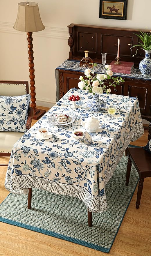 Vintage Blue and White Square Tablecloth,French Linen Floral Wrinkle Free Tablecloths,Decorative Table Cover for Kitchen,Dining,Tea Party,Thanksgiving,Christmas,67"*67"-Suqing