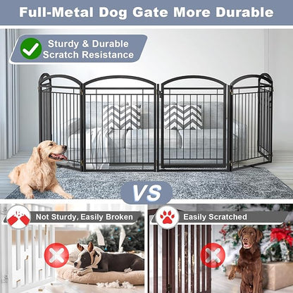 Full Metal Free Standing Dog Gate with Door for Indoor Barriers,144'' Extra Wide 32'' Tall Dog Gate for Doorways,Large Openings,Decks,Freestanding Portable Pet Fence(6 Panels,Black)