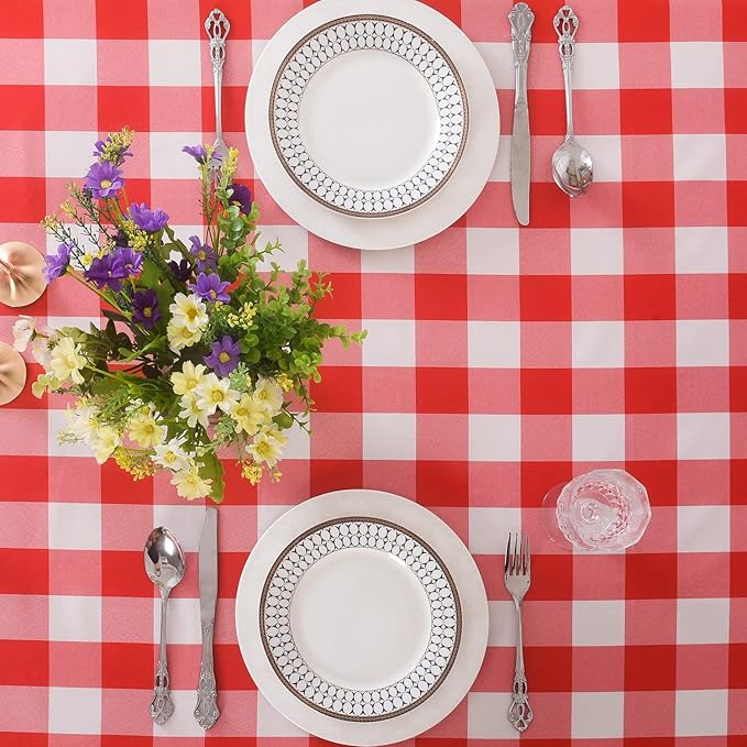 Cupuamon 2 Pack Waterproof Polyester Fabic Rectangle Checkered Tablecloth，60x84 Outdoor Table Cloth，Oil Stain Prevention Table Cloth for Pinics and Parties（Red and White）