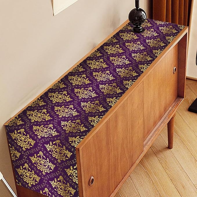 Vintage Table Runner, Retro Antique Gothic Purple Damask Floral Flower Pattern Classic Boho Coffee Table Center Decor for Kitchen and Dining Outdoor Home Country Party Table Decorations, 13"x108"