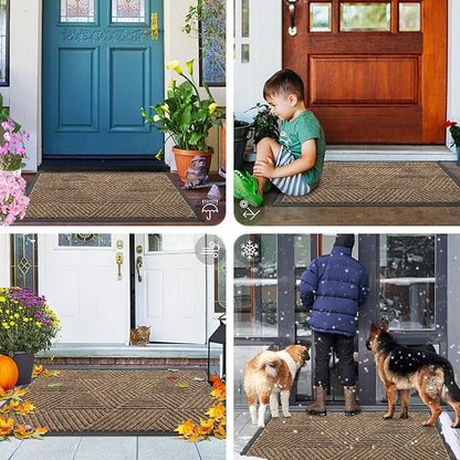 Smiry Front Door Mat Outside Entrance, Heavy Duty Sturdy Natural Rubber Doormat, Trap Dirt and Moisture, Easy Clean Low Profile Mats for Indoor Outdoor Entry, Irregular Triangle (71x47, Brown)