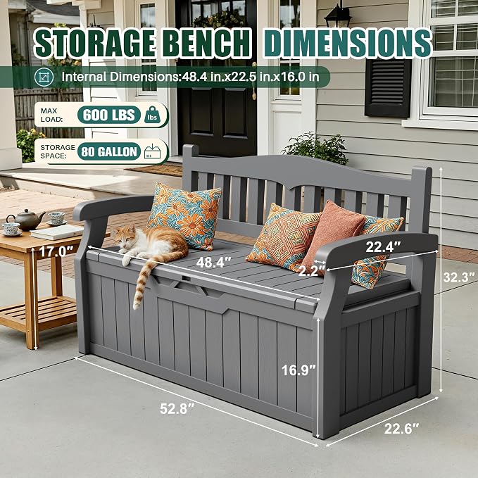 Devoko 80 Gallon Storage Bench Deck Box Waterproof&Lockable | Outdoor Benches - Image 2