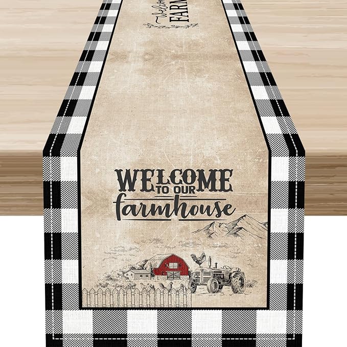 Farmhouse Table Runner, Rustic Country Barn Cottage Check Animal Coffee Table Center Decor for Home Kitchen Dining Patio Holiday Party Indoor Outdoor Table Decorations 13"x108"