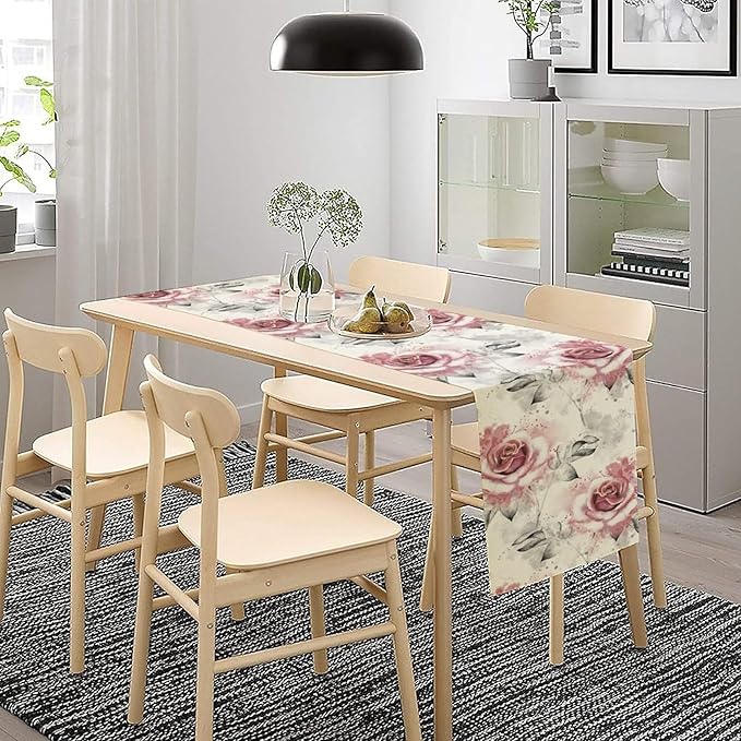 Pink Rose Floral Table Runner,Abstract Watercolor Flower Pattern Modern Romantic Kitchen Dining Table Decoration for Wedding Holiday Home Party 13x60in