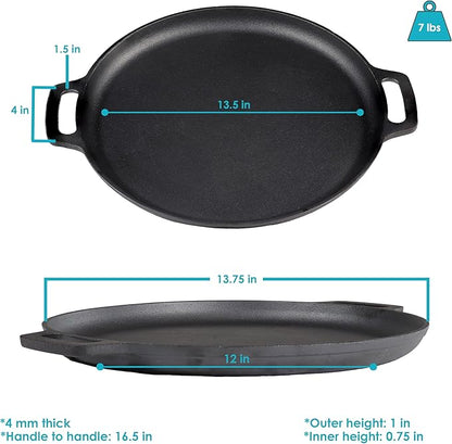 Sunnydaze 13.75-Inch Pre-Seasoned Cast Iron Pizza Pan with 2 Side Handles for Cooktop, Oven, and Grill