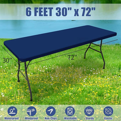 Spandex 6 Foot Rectangle Table Cloth 6 Pack, Elastic Fitted Tablecloths for Picnic, Stretch Washable Patio Table Cover for Outdoor, Camping, Banquet and Parties (Navy, 30"x72")
