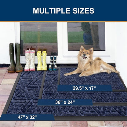 Smiry Front Door Mat Outside Entrance, Heavy Duty Sturdy Natural Rubber Doormat, Trap Dirt and Moisture, Easy Clean Low Profile Mats for Indoor Outdoor Entry, Grid Geometric (47x24, Navy Blue)