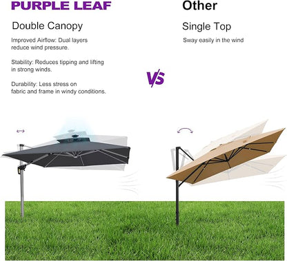 PURPLE LEAF Cantilever Umbrella 12'X12' Double Top Solar LED Light, Stays bright - Image 8