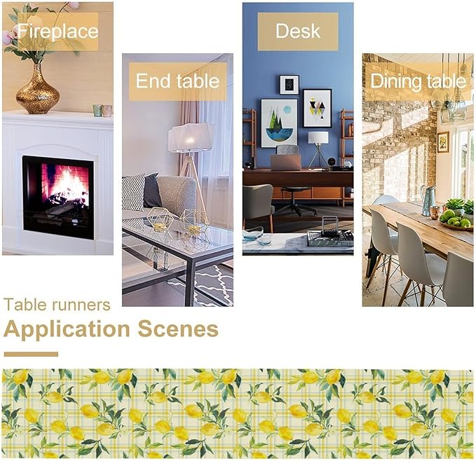 Yellow Plaid Lemon Table Runner Nature Watercolor Plant Countryside Farm Fruit Aesthetic Dining Table Decoration for Home Holiday Party Dresser Kitchen Cabin Restaurant Wedding Decor 13×70in