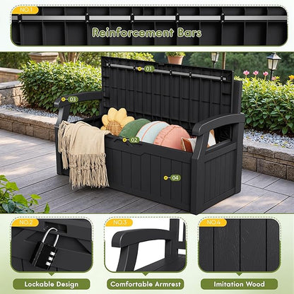 Greesum 80 Gallon Deck Box Storage Bench, Patio Furniture, Dark Black | Lockable - Image 3