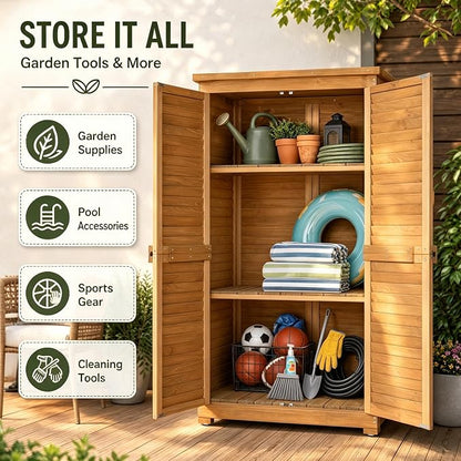 Outvita Outdoor Storage Cabinet, 63in Wooden Garden Tools Shed, Natural | 2 - Image 4