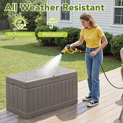 Devoko 78 Gallon Deck Box, Waterproof Resin Outdoor Storage Box for Outside and Patio, Outdoor Storage Bench Lockable for Patio Furniture, Garden Tools and Pool Supplies (Light Brown, 78 Gallon)
