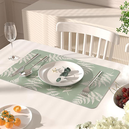 QIYI Placemats Set of 4, 12x18 Inch Faux Leather Place Mats for Kitchen Dinning, Heat Resistant Anti Slip Green White Table Mats, Waterproof Wipeable Washable Placemat Party Table Décor, Fern Leaves