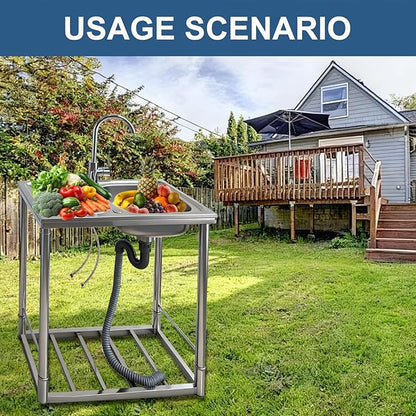 Outdoor Sink with Hose Hook Up, Free Standing Stainless Steel Utility Sink, Single Bowl Portable Sink Hand Wash Station for Camping, Backyard, Garden, Kitchen, Garage