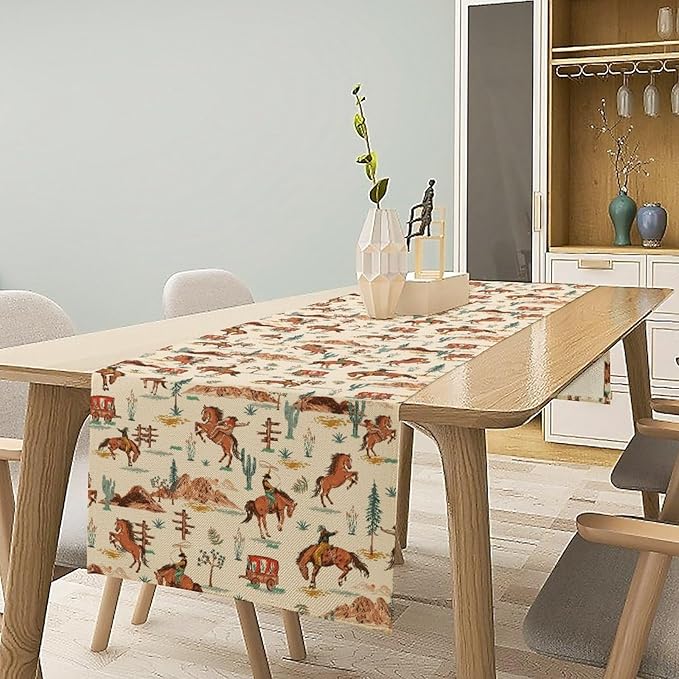 Western Cowboy Table Runner, Rustic Country Cowboy Riding Horse Desert Table Runner for Home Kitchen Dining Patio Indoor Farmhouse Coffee Outdoor 13x60in