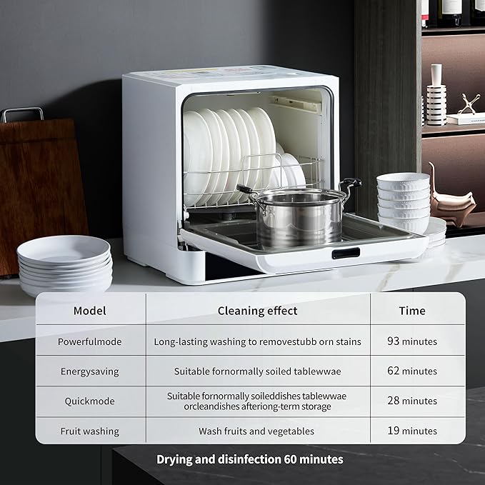 Countertop dishwasher, portable dishwasher, fully automatic, with 4 cleaning modes automatic water suction drying and disinfection functions can be connected to a faucet or bucket for use