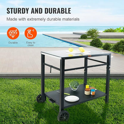 VEVOR Outdoor Grill Cart with Double-Shelf, BBQ Movable Food Prep Table with PVC Placemat, Black Iron Table Top, Portable Modular Carts for Pizza Oven, Worktable with 2 Wheels, Carry Handle
