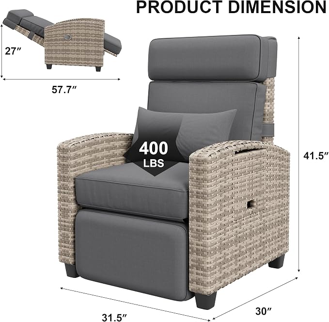 GarveeLife Outdoor Recliner Chair, PE Wicker Lounge Chair - Image 3