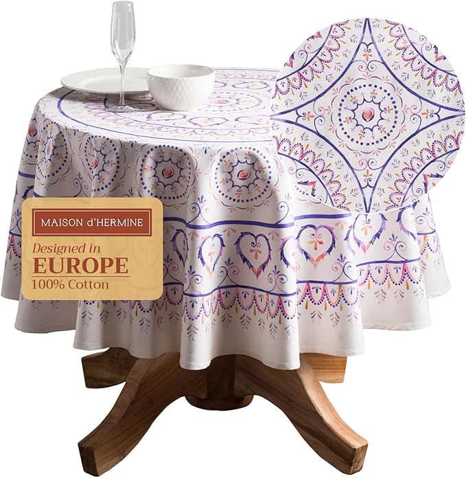 Maison d' Hermine Table Cloth Round Table 100% Cotton 63 Inches Tablecloth Reusable Decorative Everyday Use for Dining Room, Farmhouse, Home, Party, Festive & Wedding Spring Summer - Mandala