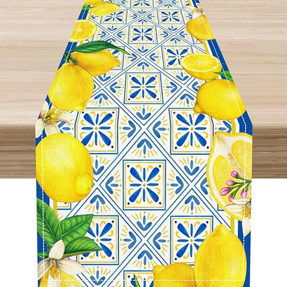 Lemon Table Runner, Blue Tile Yellow Vintage Moroccan Summer Seasonal Fresh Fruits Coffee Cafe Vintage Table Center Decor for Home Kitchen Dining Party Patio Indoor Outdoor, 13"x36" Inch