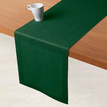 D'Moksha Homes Linen Forest Green Table Runner 90 Inches Long - 100% Pure Linen 14 x 90 Inch Table Runner for Dining, Winter, Holiday - Machine Washable