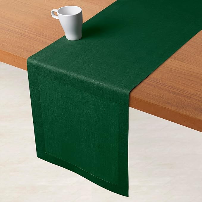 D'Moksha Homes Linen Forest Green Table Runner 84 Inches Long - 100% Pure Linen 14 x 84 Inch Table Runner for Dining, Winter, Holiday - Machine Washable