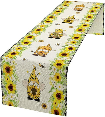 Summer Sunflower Gnome Table Runner, Buffalo Plaid Bee Farmhouse Seasonal Table Decoration for Outdoor Home Party Kitchen Dining Holiday 13x90in