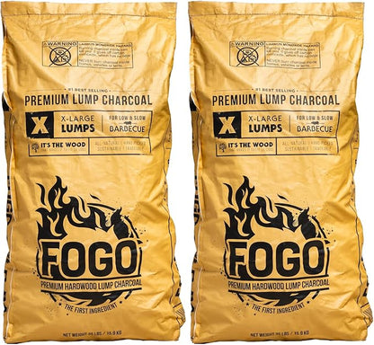 FOGO Super Premium Hardwood Lump Charcoal, Natural, Large Sized Lump Charcoal for Grilling and Smoking, Restaurant Quality, 35 Pound Bag, 2-Pack