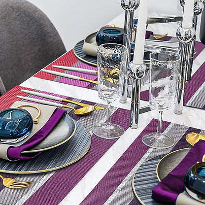 Set of 6 Colorful Striped Vinyl Placemats Heat-Resistant Washable Placemats Non-Slip Woven Table Mats Wipeable Placemat for Kitchen Dining Table Decoration Indoor Outdoor (Violet Purple)