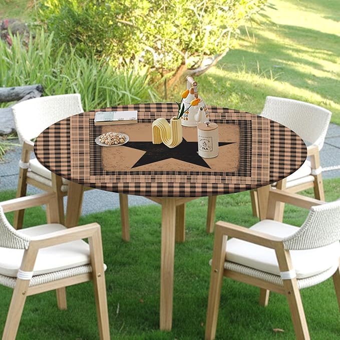 Western Texas Star Round Fitted Tablecloth with Elastic Vintage Black Brown Plaid Circle Table Cover for 36-40" Round Tables Stretch Waterproof Rustic Country Table Cloth for Kitchen Dining Patio