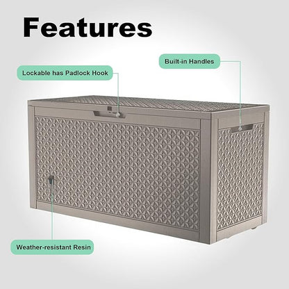 New 100 Gallon Outdoor Storage Box – Resin Deck Box with Lockable Lid, Waterproof Patio Furniture Storage for Tools, Garden & Yard Organization (Grey)
