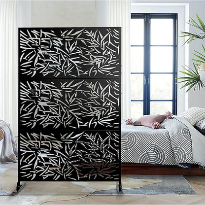 Elevens Patio Privacy Screen Balcony Decorative Screen Set with Stand, Outdoor Decor Privacy Fence Screen, Indoor Room Decorative Divider (Leaf-Black)