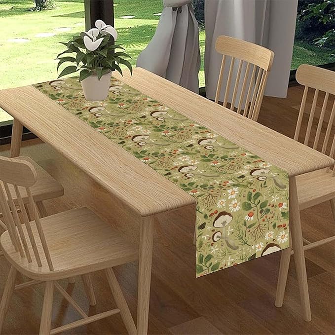 Mushroom Table Runner, Rustic Farmhouse Forest Plants Botanical Country Green Coffee Table Center Decor for Home Kitchen Dining Patio Holiday Party Indoor Table Decorations, 13"x72" Inch