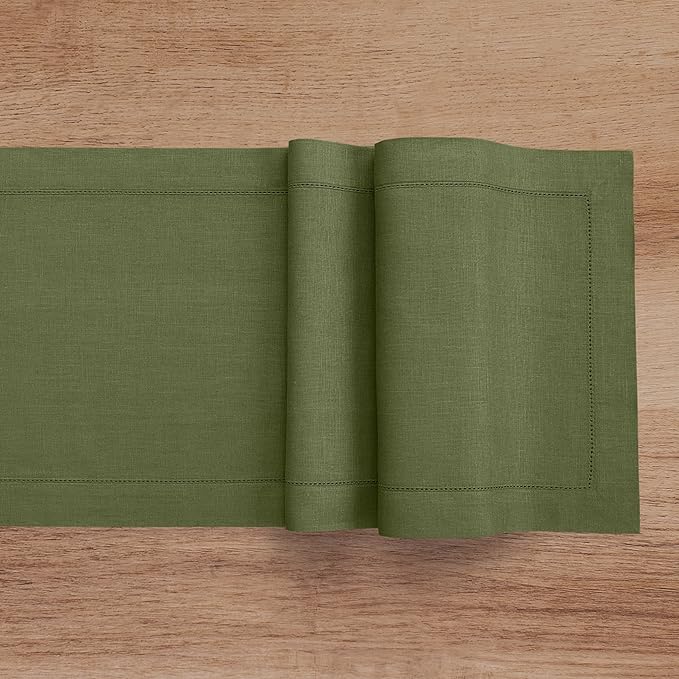 Solino Home Linen Table Runner 48 Inches - 100% Pure Linen Olive Hemstitch Table Runner 14 x 48 Inch Ideal for Dresser and Coffee Tables - Classic Hemstitch - St Patricks Day