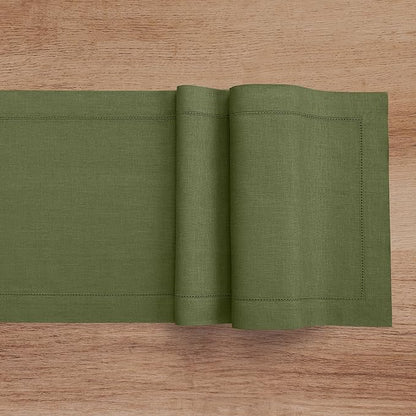 Solino Home Linen Olive Table Runner 90 Inches Long - 100% Pure Linen 14 x 90 Inch Table Runner for St Patricks Day - Classic Hemstitch