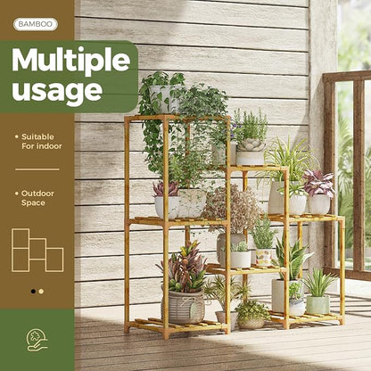 Bamworld Bamboo Plant Stand Indoor Boho Plant Shelf Tiered Plant Rack | - Image 3