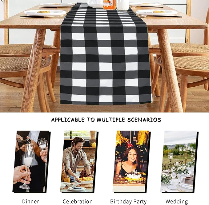 Fabric Checkered Table Runner 12 Pack Waterproof Gingham Table Runner 14W x 108L Buffalo Check Table Runners for Parties Kitchen Dining Wedding Banquet (Black and White)