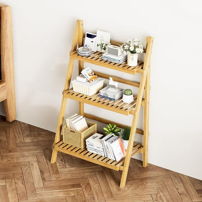 Foldable Ladder Shelf 39.4", Plant Shelf 3 Tier, Bamboo Ladder Flower Pot - Image 9