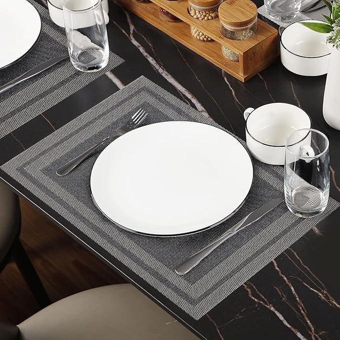 Placemats Set of 8,Washable, Vinyl Woven Non Slip Table Mats for Restaurant Table Protection, PVC Table Placemats (Black, 4PCS 12" Wx18 L)