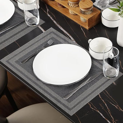 Placemats Set of 6,Washable,Heat and Stain Resistant Indoor/Outdoor Place mats,Vinyl Woven Non Slip Table Mats for Restaurant Table Protection,PVC Placemats(Black Gold,6PCS)