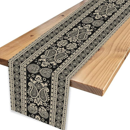 Black Paisley Table Runner, Rustic Damask Antique Floral Flower Retro Boho Swirled Pattern Coffee Vintage Table Center Decor for Family Kitchen and Living Room Outdoor Table Decorations, 13" X 36"