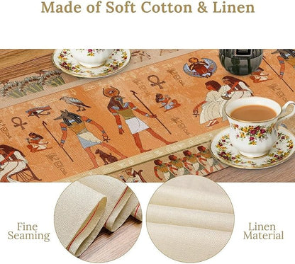 Ancient Table Runner, Mythology Egyptian Gods Pharaohs Antique Golden Hieroglyphs Print Pattern Table Runner for Dining Bedroom Kitchen Party Outdoor 13x36in